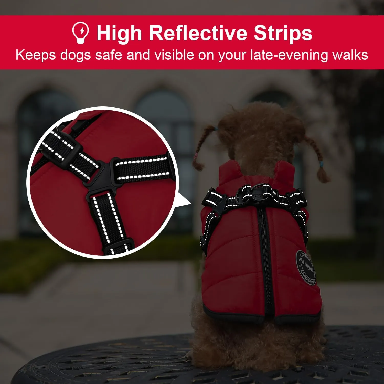 Warm Winter Coat, Fashion Sports Dog Jacket with Built-in Harness, Reflective & Adjustable Pet Vest, Waterproof Windproof Apparel for Small Dogs (Red)