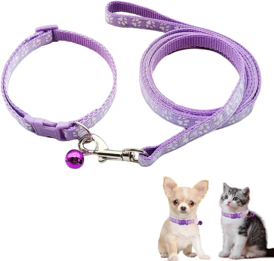 XXS Dog Collar with Bell Leash Set, Nylon Paw Print Cat Collar and Leash Adjustable Buckle for Xs XSmall Small Puppy Dogs Girl Kitten Yorkie Chihuahua X-Small,Pale Purple